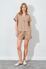 Kadın Vizon Oversize Düşük Kol Gömlek Şortlu Takım