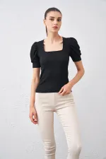 Kadın Siyah Balon Kol Kare Bürümcük Kumaş Bluz