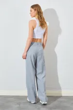 Kadın Gri Yan Düğmeli Poliviskon Pantolon