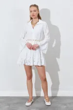 Kadın Ekru Fistolu Gömlek Elbise