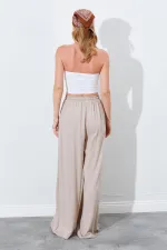Kadın Koyu Bej Beli Lastikli Palazzo Keten Pantolon