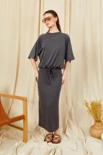 Kadın Antrasit 164 Reglan Kollu Etek Ucu Bağlama Bluzlu Etekli Modal Takım