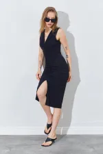 Kadın Siyah V Yaka Drapeli Kolsuz Sandy Elbise