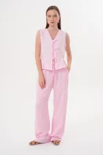 Kadın Pembe Önü Bağlamalı Kolsuz Eteği Fırfırlı Muslin Bluz