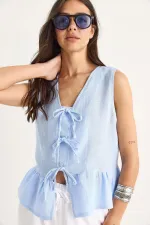 Kadın Mavi Önü Bağlamalı Kolsuz Eteği Fırfırlı Muslin Bluz