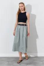 Kadın Haki Palaska Kemerli Önü Cepli Gabardin Etek