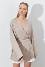 Kadın Koyu Bej Kruvaze Yaka İp Bağlamalı Ceket