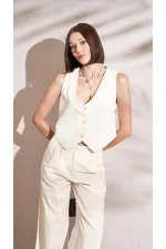 Gilet boutonné pour femme en gabardine à chevrons naturels