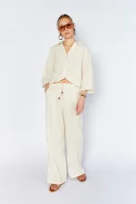 Kadın Ekru İçi Astarlı Bel Bağlamalı Pantolon