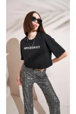 T-shirt court oversize noir à col rond pour femme, imprimé métallisé Supreme