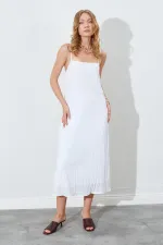 Kadın Ekru İp Askılı Kırışık Uzun Elbise