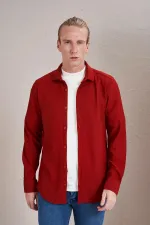 Chemise rouge à manches longues pour homme, coupe slim, sans poches, de style ottoman