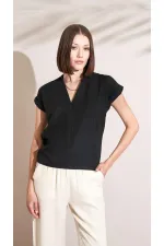 Kadın Siyah Gömlek Yaka Düşük Kol Bluz