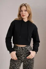 Women's Black Hooded Crop Sweatshirt with Ribbed Sides