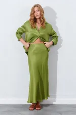 Kadın Yağ Yeşili Saten Uzun Etek