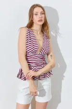 Kadın Bordo Önü Arkası V Beli Drapeli Peplum Bluz