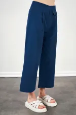 Kadın İndigo Kısa Palazzo Poplin Pantolon