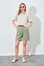 Kadın Taş Çift Cepli Düşük Kol Crop Gömlek