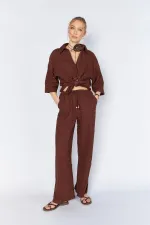 Women's Coffee-colored, Lined Trousers with Belt