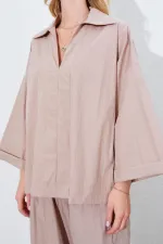 Kadın Vizon Derin V Yakalı Dirsek Kol Salaş Gömlek