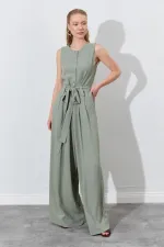 Kadın Haki Kolsuz Kuşak Bağlamalı Double Paça Tulum