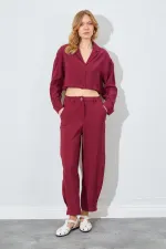 Kadın Bordo Paça Düğmeli Modal Kumaş Pantolon