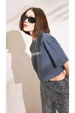 T-shirt court oversize à col rond gris fumé pour femme, imprimé métallisé Supreme