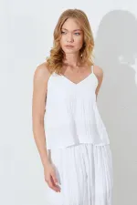 Kadın Ekru İp Askılı Kısa Pantolonlu Kırışık Takım