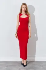 Kadın Kırmızı Önü Pencere Detaylı Elbise