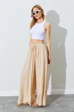 Kadın Bej Beli Kalın Lastikli Bol Kesim Modal Pantolon