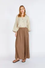 Kadın Kahve Anvelop Model Keten Pantolon