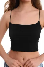 Kadın Siyah Spagetti Askılı Full Likralı Crop Atlet