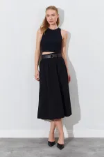 Kadın Siyah Palaska Kemerli Önü Cepli Gabardin Etek