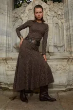 Kadın Kahve Bisiklet Yaka Desenli Volanlı Elbise(111)