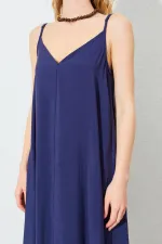 Women's Navy Blue V-Neck Loose-Fitting Modal Dress