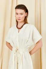 Kadın Ekru 199 Düşük Kol Pile Detaylı Önü Düğmeli Poplin Elbise