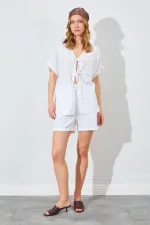 Kadın Ekru Düşük Kol Bağlamalı Bluzlu Şortlu Keten Takım