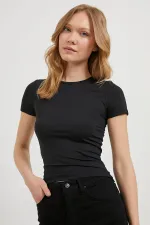 Kadın Siyah Bisiklet Yaka Kısa Kollu Licralı Body