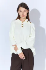 Kadın Kemik Şal Yaka Düğmeli Triko Kazak