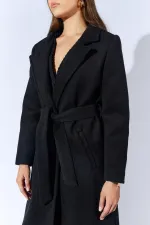 Kadın Siyah Yakalı Kuşaklı Basic Uzun Kaşe Kaban