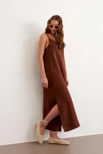 Women's Coffee Brown Strappy Muslin Long Dress with Side Slit