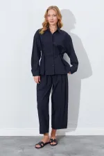 Kadın Siyah Bel Oturtmalı Bel Düğme Detaylı Gömlek