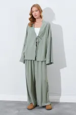 Kadın Haki Önü İp Bağlamalı Kimone Ceket