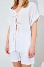 Kadın Ekru Düşük Kol Bağlamalı Bluzlu Şortlu Keten Takım