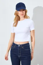 Kadın Ekru (25608) Bisiklet Yaka Düşük Kol Full Likra Ribana Crop Tişört