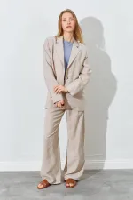 Kadın Taş Blazer Ceketli Palozzo Modal Pantolonlu Takım