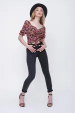 Kadın Desen-1 Gipeli Ön Büzgülü Crop Bluz