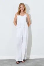 Kadın Ekru İp Askılı Kısa Pantolonlu Kırışık Takım