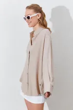 Kadın Koyu Bej Oversize Keten Gömlek