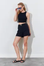 Kadın Siyah Beli Kendinden Kemerli Gabardin Şort